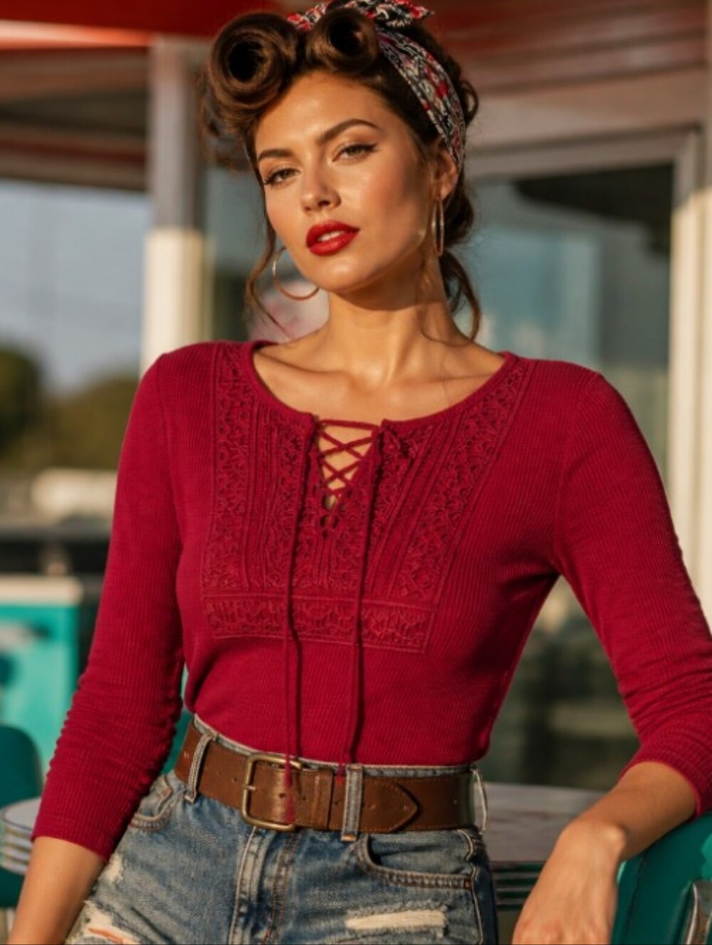 Lucky Brand Red Ribbed Lace-Up Knit Top